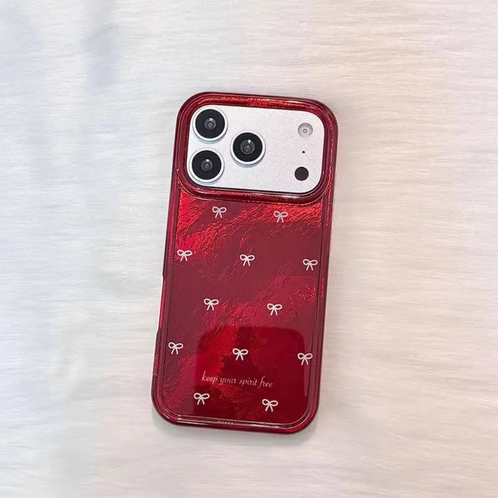 Fashionable gilt red background full screen white bow phone case, suitable for iPhone 14/15/16/17 Pro Max, new protective case
