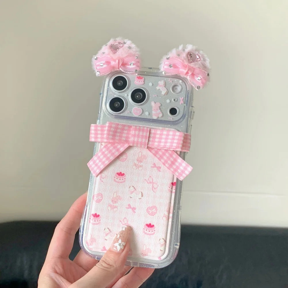 Luxurious cute sweet 3D plush ears bow bunny phone case for iPhone 16 17 Pro Max 14 15 Pro fundas shockproof new protective case