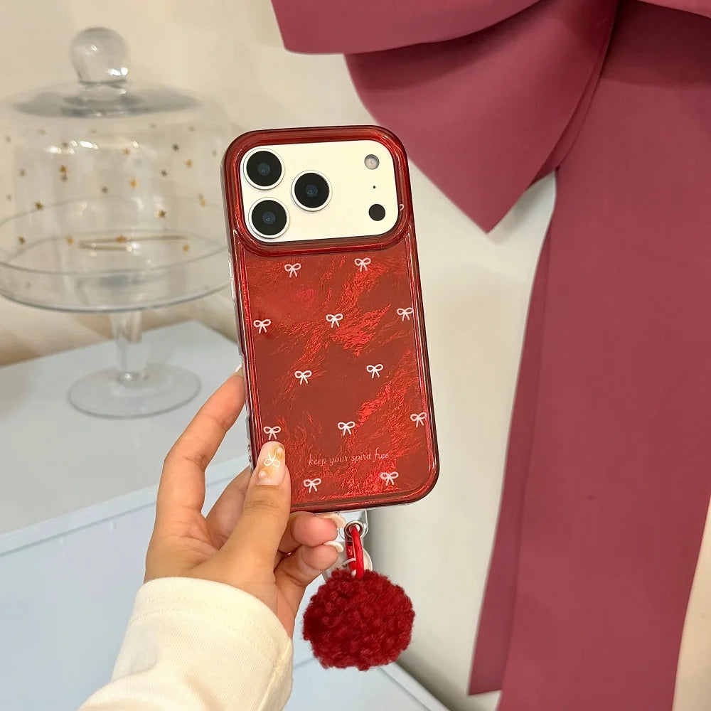Fashionable gilt red background full screen white bow phone case, suitable for iPhone 14/15/16/17 Pro Max, new protective case