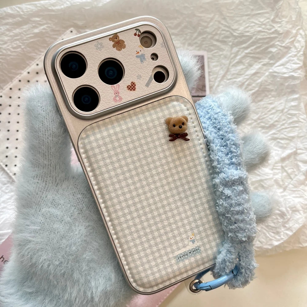 Cute simple plaid bear phone case for iPhone 17 16 ProMax 14 15 Pro fundas Korean INS fashion new shockproof protective cover