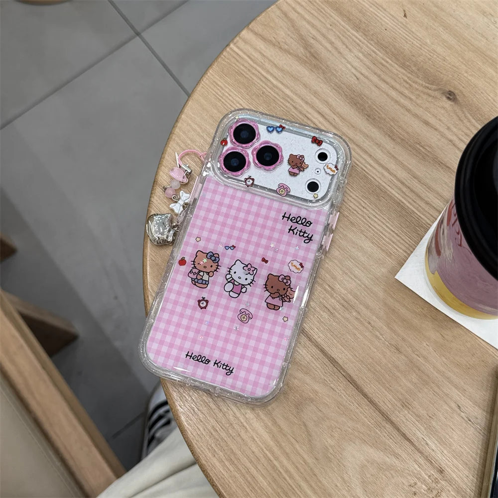 INS Cute Grid Three Hello Kitty Phone Cases with Hanging Accessories Suitable for iPhone 17 Pro Max, 13, 14, 15, 16 Pro All Anti