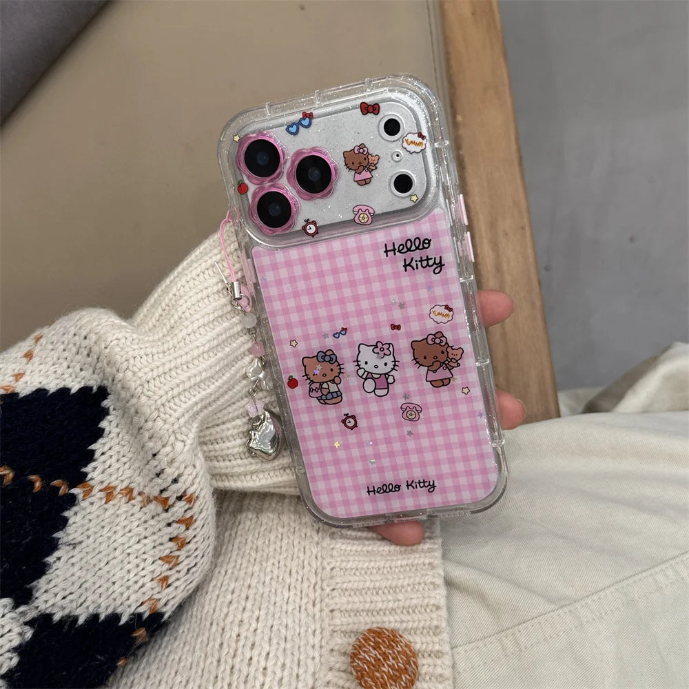 INS Cute Grid Three Hello Kitty Phone Cases with Hanging Accessories Suitable for iPhone 17 Pro Max, 13, 14, 15, 16 Pro All Anti