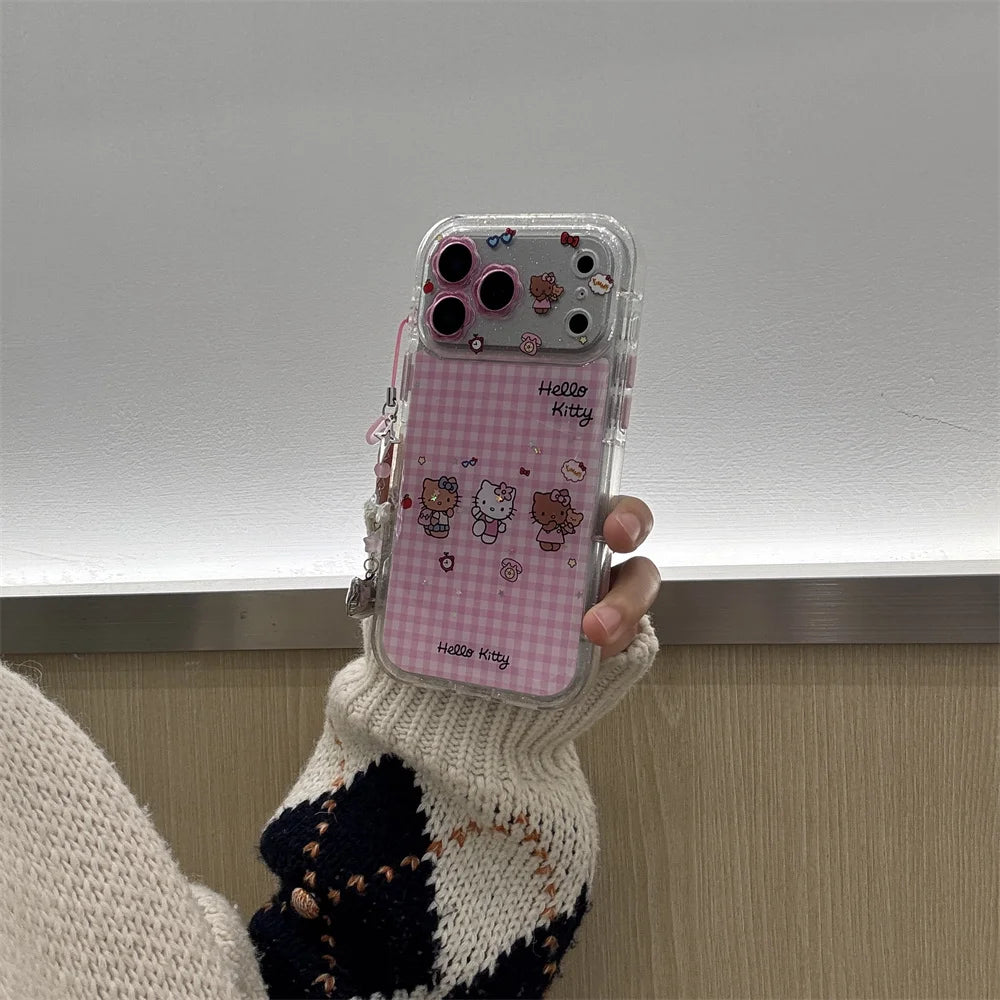 INS Cute Grid Three Hello Kitty Phone Cases with Hanging Accessories Suitable for iPhone 17 Pro Max, 13, 14, 15, 16 Pro All Anti
