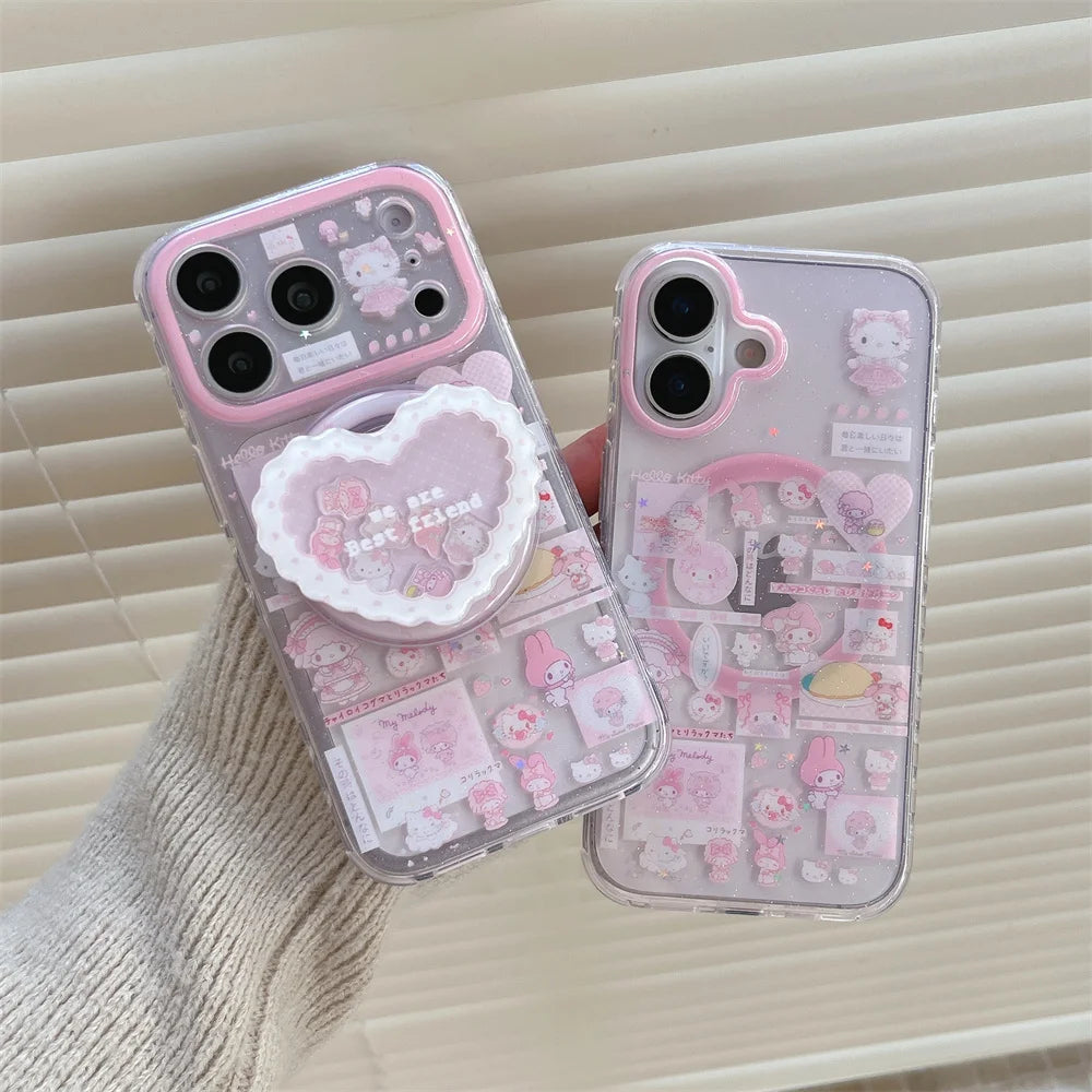 Cute pink Melody KT cat strap with FRO magnetic bracket suitable for iPhone 17 Pro Max, 13, 14, 15, 16 Pro all inclusive anti fa