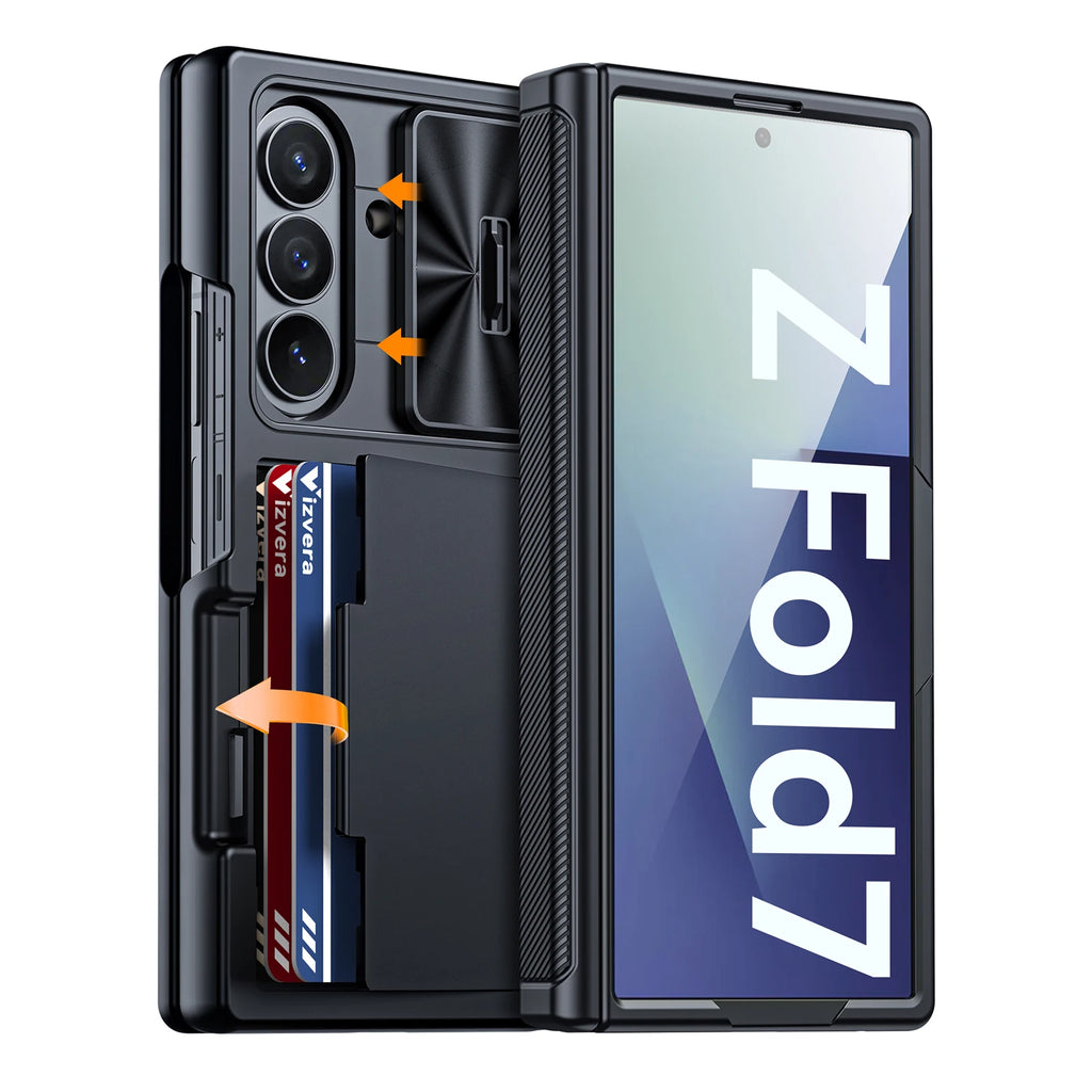 for Galaxy Z Fold 7 Case,RFID Wallet with Cards Holder,Hinge Cover,Camera Cover,Shockproof Silicone Protective Phone Case-Black