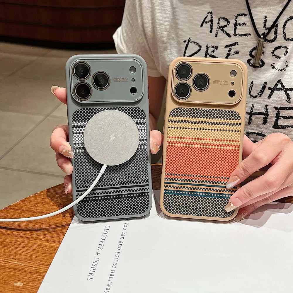 K6 Luxury Carbon Fiber Pattern With Lens Protection Phone Case For iPhone 17 16 15 14 13 Pro Max Magnetic Wireless Charge Capa