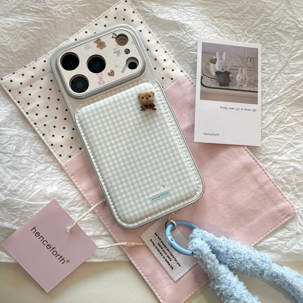 Cute simple plaid bear phone case for iPhone 17 16 ProMax 14 15 Pro fundas Korean INS fashion new shockproof protective cover