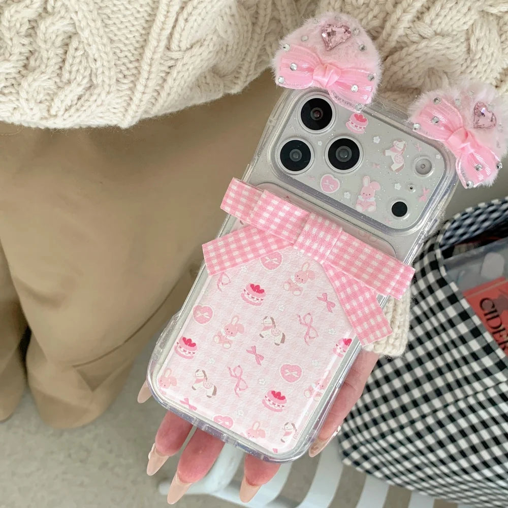 Luxurious cute sweet 3D plush ears bow bunny phone case for iPhone 16 17 Pro Max 14 15 Pro fundas shockproof new protective case