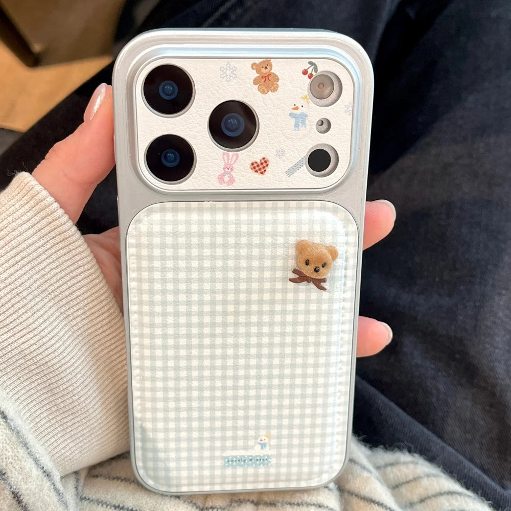Cute simple plaid bear phone case for iPhone 17 16 ProMax 14 15 Pro fundas Korean INS fashion new shockproof protective cover