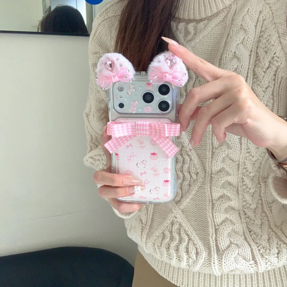 Luxurious cute sweet 3D plush ears bow bunny phone case for iPhone 16 17 Pro Max 14 15 Pro fundas shockproof new protective case