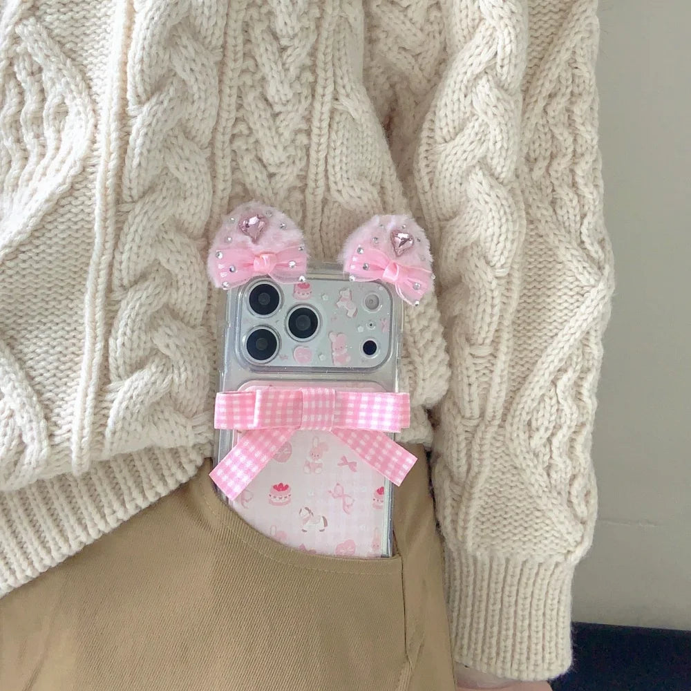 Luxurious cute sweet 3D plush ears bow bunny phone case for iPhone 16 17 Pro Max 14 15 Pro fundas shockproof new protective case