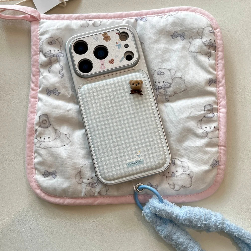 Cute simple plaid bear phone case for iPhone 17 16 ProMax 14 15 Pro fundas Korean INS fashion new shockproof protective cover
