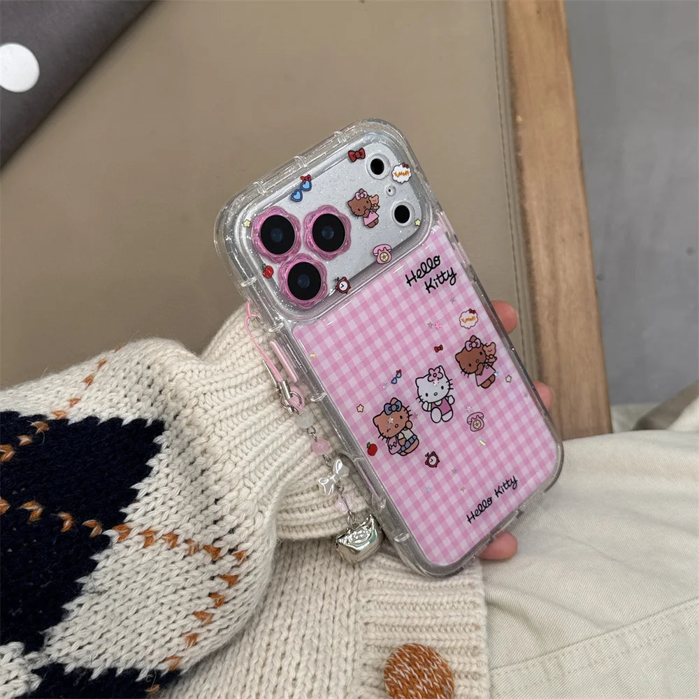 INS Cute Grid Three Hello Kitty Phone Cases with Hanging Accessories Suitable for iPhone 17 Pro Max, 13, 14, 15, 16 Pro All Anti