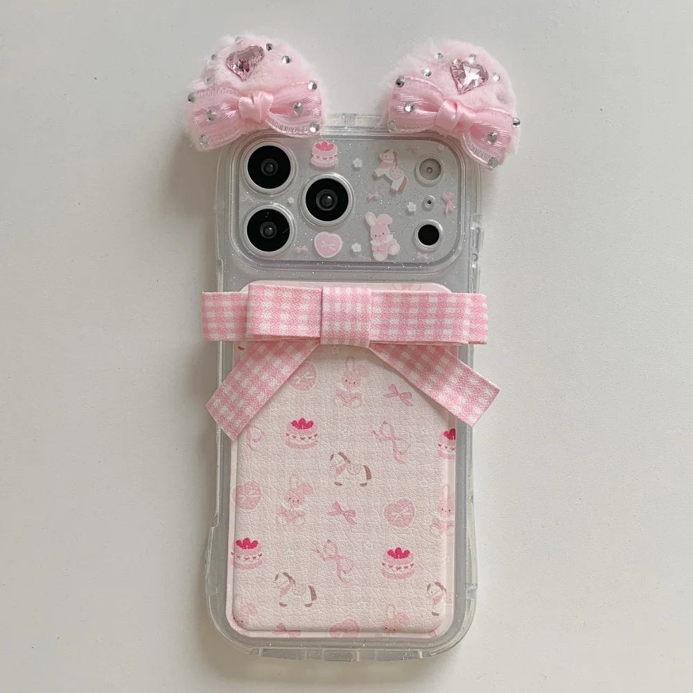 Luxurious cute sweet 3D plush ears bow bunny phone case for iPhone 16 17 Pro Max 14 15 Pro fundas shockproof new protective case