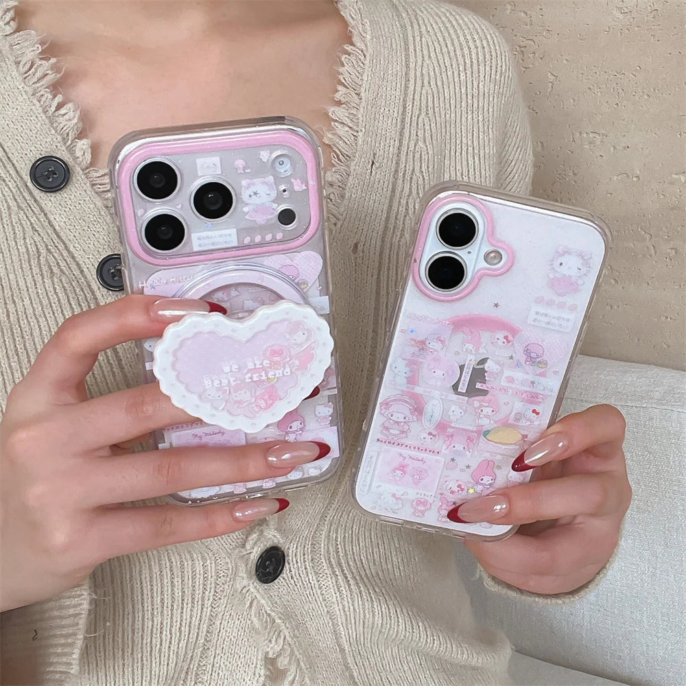 Cute pink Melody KT cat strap with FRO magnetic bracket suitable for iPhone 17 Pro Max, 13, 14, 15, 16 Pro all inclusive anti fa