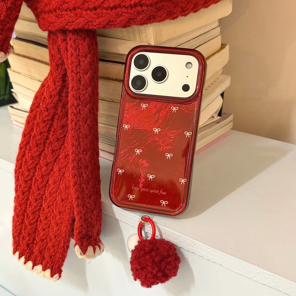 Fashionable gilt red background full screen white bow phone case, suitable for iPhone 14/15/16/17 Pro Max, new protective case