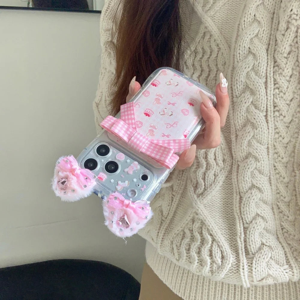 Luxurious cute sweet 3D plush ears bow bunny phone case for iPhone 16 17 Pro Max 14 15 Pro fundas shockproof new protective case