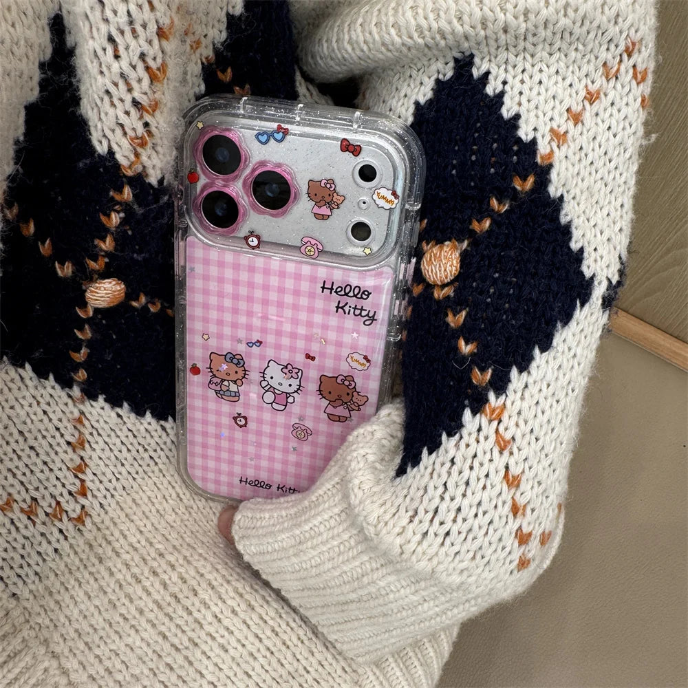INS Cute Grid Three Hello Kitty Phone Cases with Hanging Accessories Suitable for iPhone 17 Pro Max, 13, 14, 15, 16 Pro All Anti