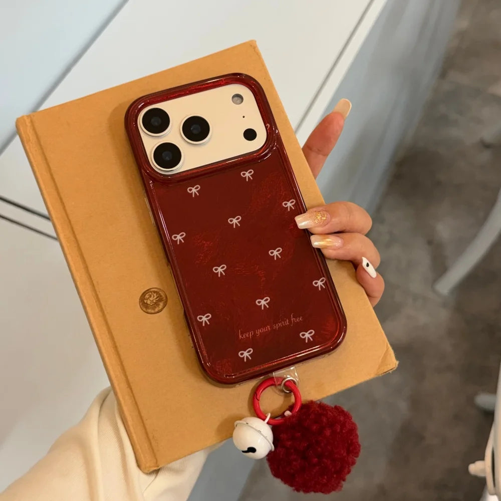 Fashionable gilt red background full screen white bow phone case, suitable for iPhone 14/15/16/17 Pro Max, new protective case