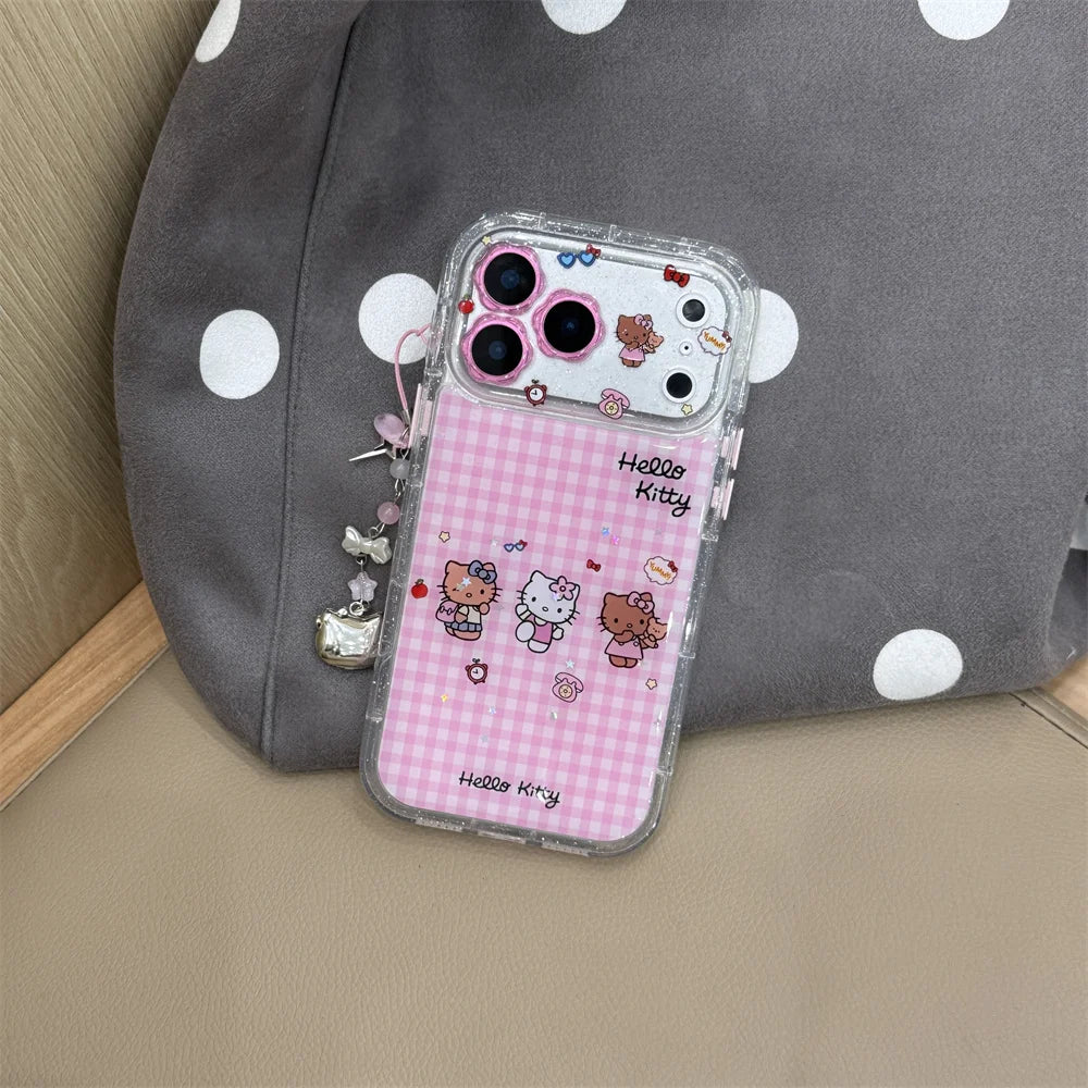 INS Cute Grid Three Hello Kitty Phone Cases with Hanging Accessories Suitable for iPhone 17 Pro Max, 13, 14, 15, 16 Pro All Anti
