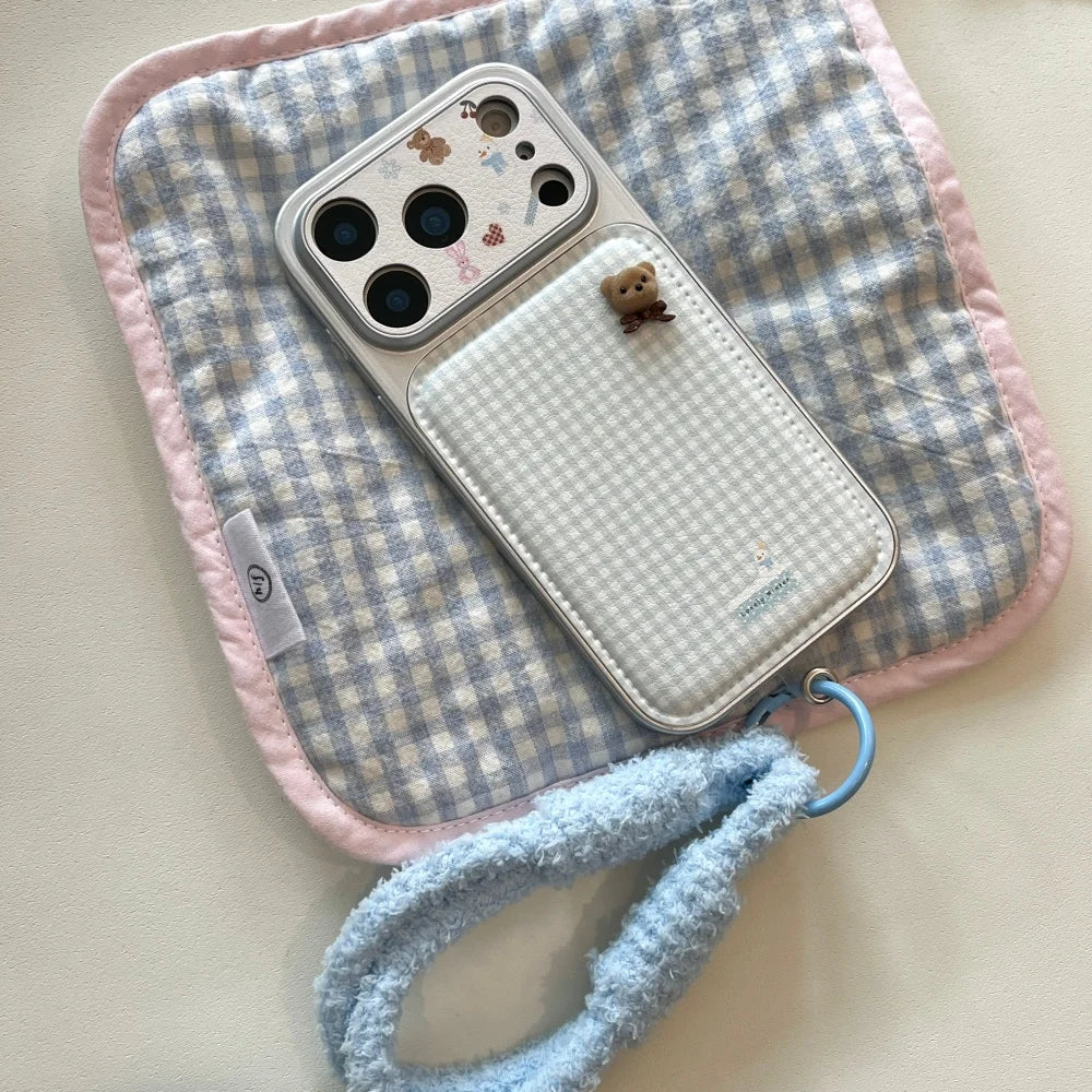Cute simple plaid bear phone case for iPhone 17 16 ProMax 14 15 Pro fundas Korean INS fashion new shockproof protective cover