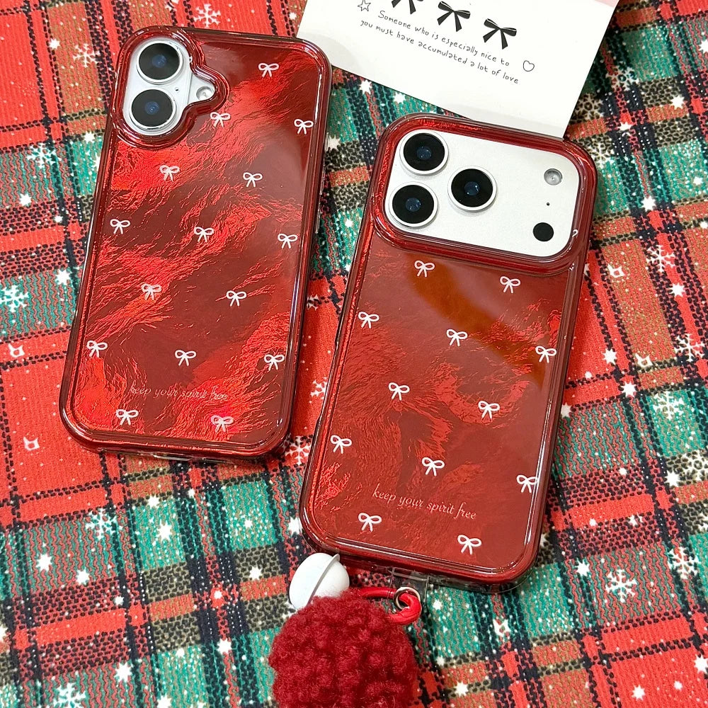 Fashionable gilt red background full screen white bow phone case, suitable for iPhone 14/15/16/17 Pro Max, new protective case