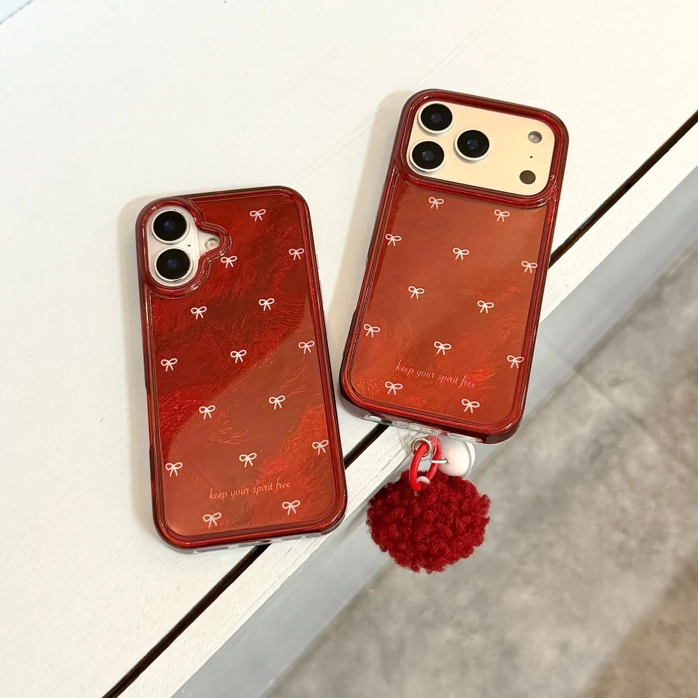 Fashionable gilt red background full screen white bow phone case, suitable for iPhone 14/15/16/17 Pro Max, new protective case