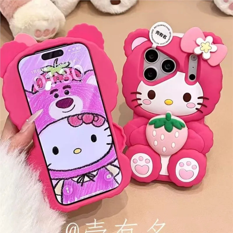 Lovely Strawberry Sanrio 3D Cartoon Hello Kitty Phone Case For iPhone 17 16 15 14 13 12 Pro Max Plus 17 hockproof Silicone Cover