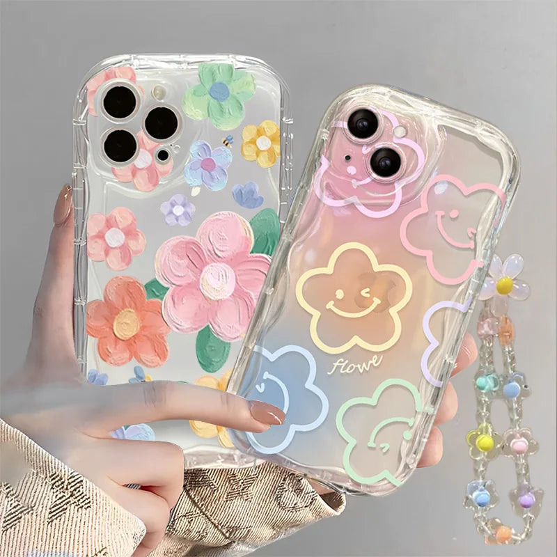 Smile Flower Lanyard Chain Case For Samsung Galaxy S26 S25 FE S24 Ultra Plus FE A17 A57 A37 A56 A55 A16 A15 A54 A53 A36 A26 5G