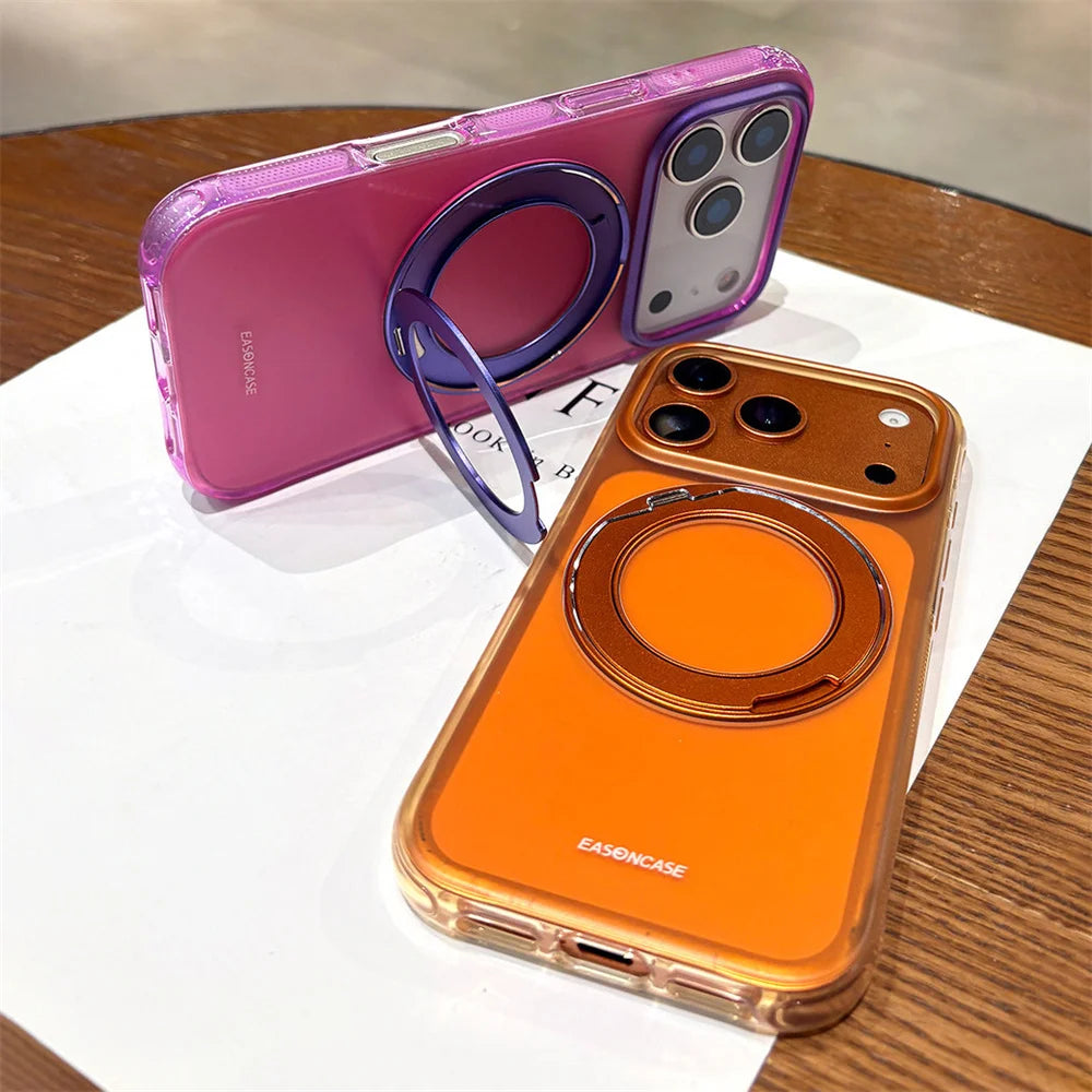 Magnet Holder Rotating Magnetic Stand Phone Case For iPhone 16 17 Pro Max Matte Translucent Shockproof Clashing Color Back Cover