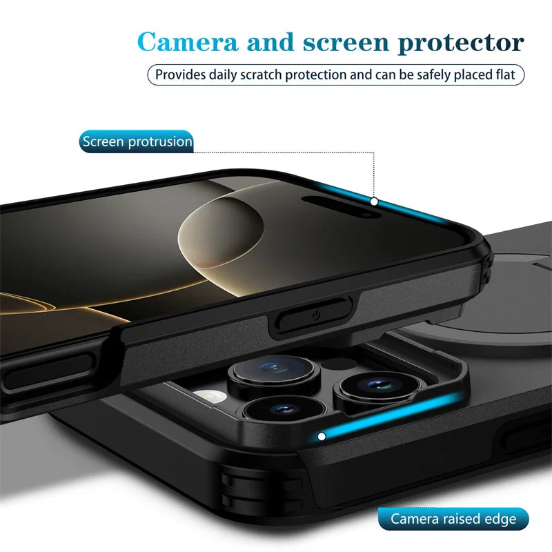 For Magsafe Magnetic Wireless Charging Case For iPhone 16 15 14 13 12 11 Pro Max Plus 16e Armor Stand Slide Lens Protector Cover