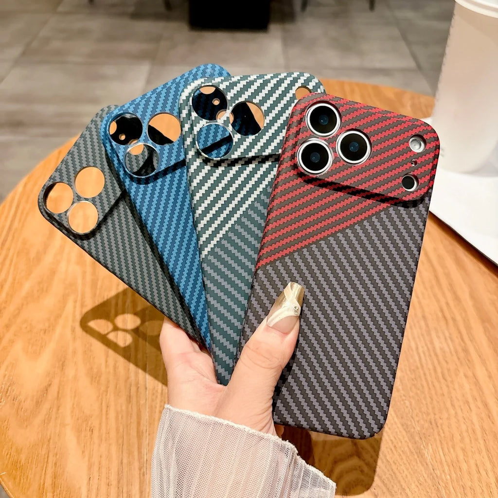 Slim Carbon Fiber Kevlar Texture Hard Plastic Phone Case For iPhone 17 Air 16 15 14 13 12 11 Pro Max Plus Shockproof Armor Cover