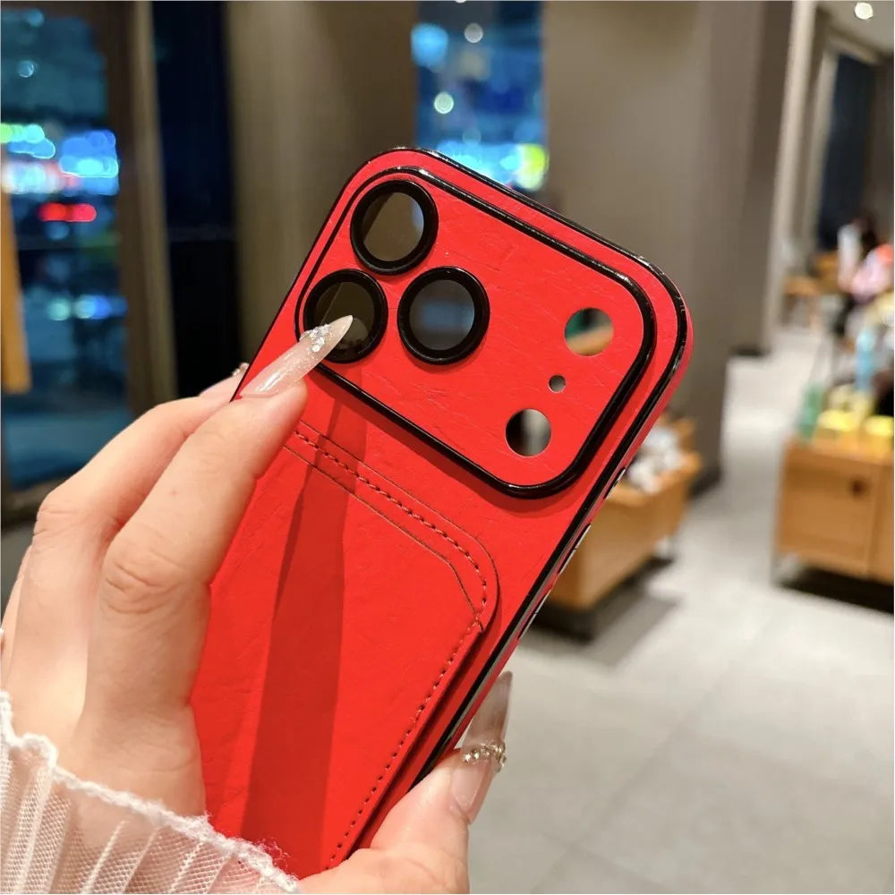 Large Window Wrinkle Texture Card Slot Case For iPhone 17 16 15 14 Plus 13 Pro Max Lens Protection Shockproof Matte Wallet Cover