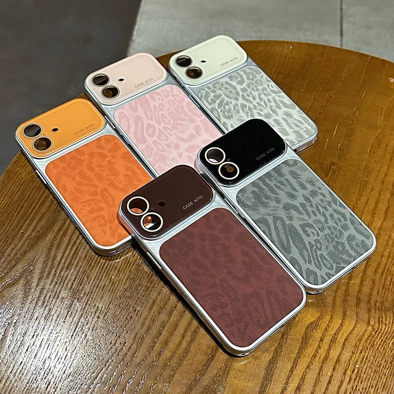 Luxury Retro Leopard Pattern Case For iPhone 17 16 15 14 Pro Max 13 Shockproof Large Window Camera Glass Matte Plating Cover