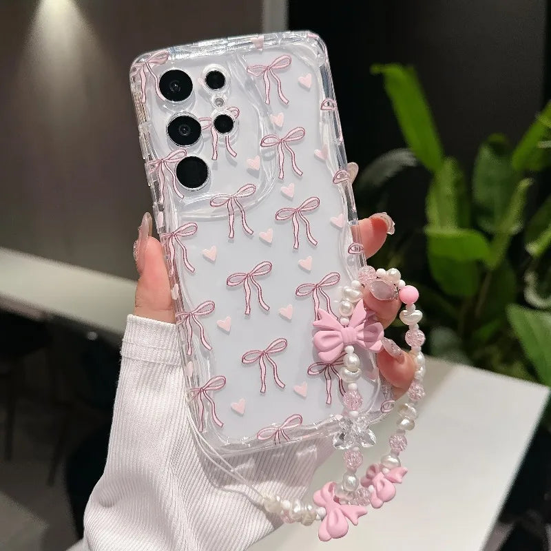 Cute Pink Bowknot Phone Case For iPhone 17 Air 16 15 14 13 12 11 Pro Max 7 8 Plus 16E XR X XS Max Shockproof Transparent Cover