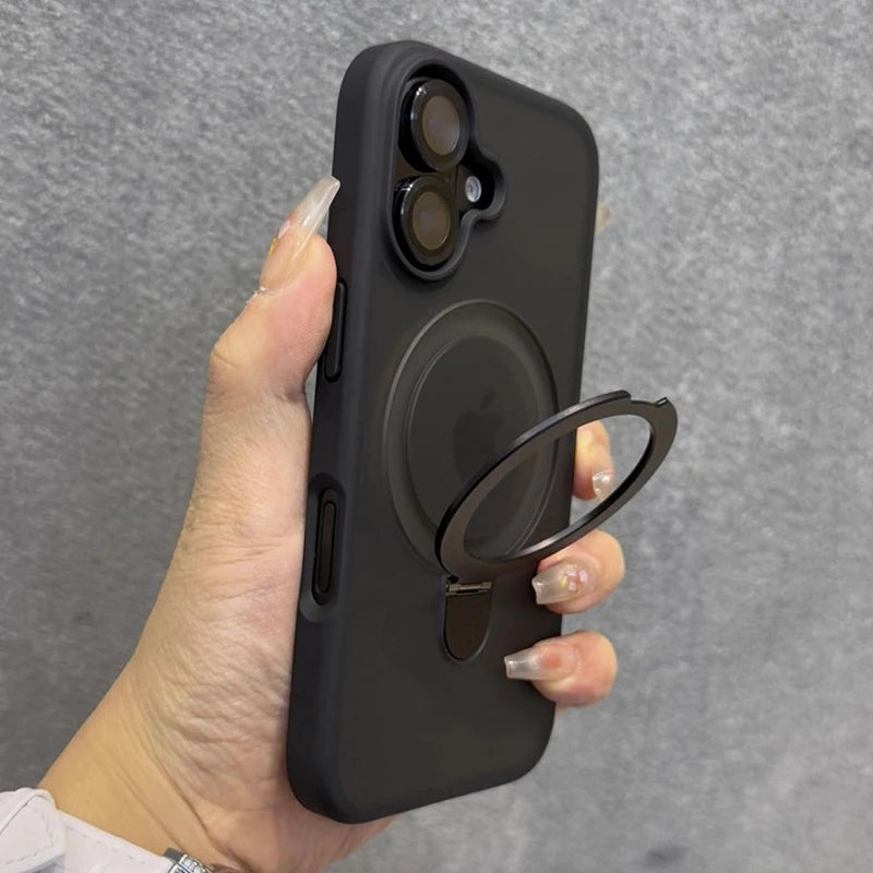 Matte Ring Holder Glass Lens Phone Case For iPhone 16 15 14 13 12 11 17 Pro Max 17 Air 16e For Magsafe Wireless Magnetic Cover