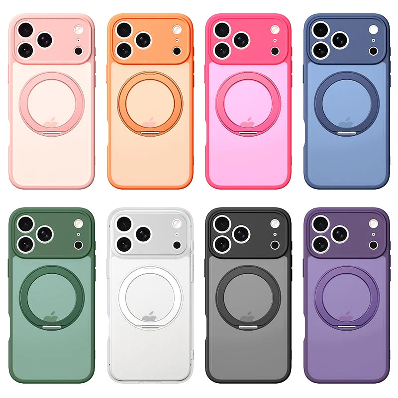 360 Rotating Magnetic Stand Case for iPhone 17 15 14 13 16 Pro Max Air for Magsafe Stress Relief Ring Holder Full Lens Cover