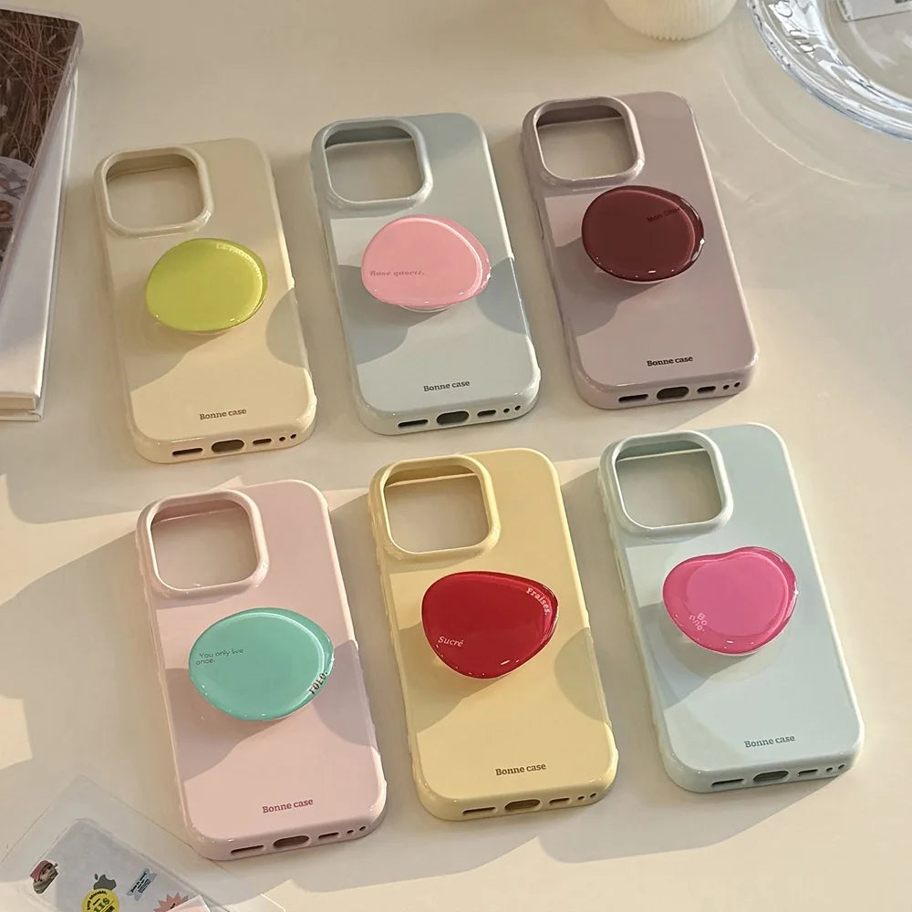 Korean Style Simple Solid Colors With Phone Holder Stand Case For iPhone 17 16 15 14 13 12 Pro Max Shockproof Protective Cover﻿