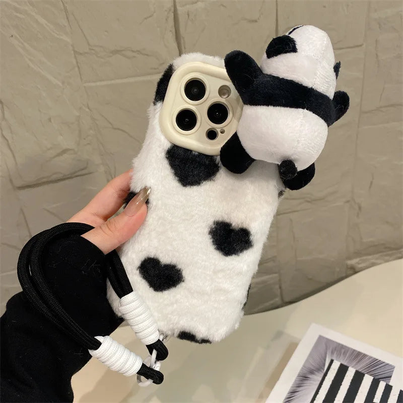 3D Cartoon Panda Doll Plush Phone Case For iPhone 17 Air 16 15 14 13 12 11 Pro Max With Wrist Strap Shockproof Protective Cover
