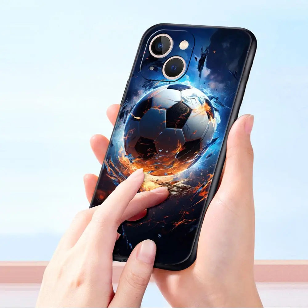 Football Passion Soccer Ball Luxury Phone Case For iPhone 13 15 14 12 Mini 11 Pro MAX XR X SE XS 7 8 Plus Black Protection Cover