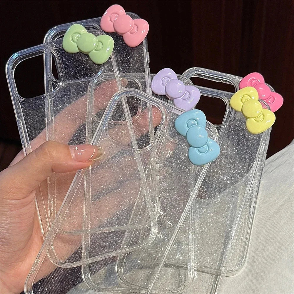 Cute 3D Candy Color Bowknot Glitter Clear Case For iPhone 16 15 14 12 11 Pro Max 13 Mini X XR 7 8 Plus SE Aesthetic Soft Cover