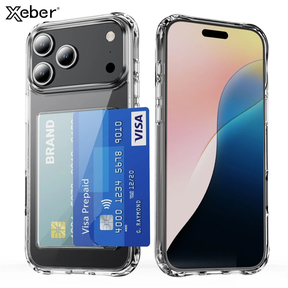 Luxury Transparent Wallet Card Slots Holder Phone Case For iPhone 17 16 15 14 Pro Max 13 12 11 XR X Plus HD Acrylic Clear Cover