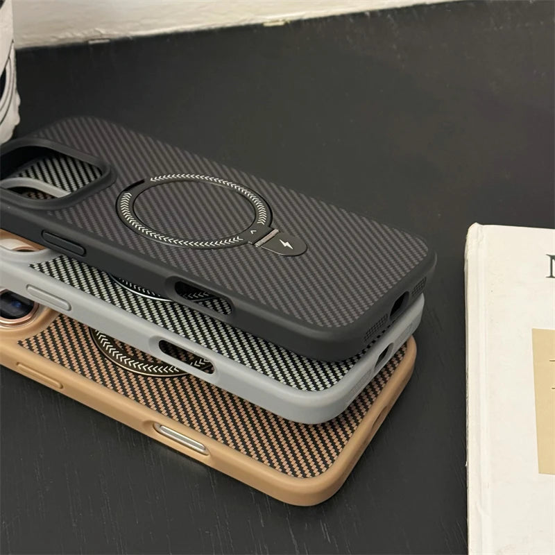 Carbon Fiber Metal Ring Stand Magnetic Case for Magsafe IPhone 15 14 13 12 11 16 Pro Max Plus with Lens Protector Mac Safe Cover