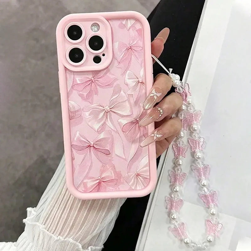 Luxury Pink Bowknot Pattern Phone Case For iPhone 17 Air 16 15 14 13 12 11 Pro Max 16E 7 8 Plus With Lanyard Lanyard Rope Cover