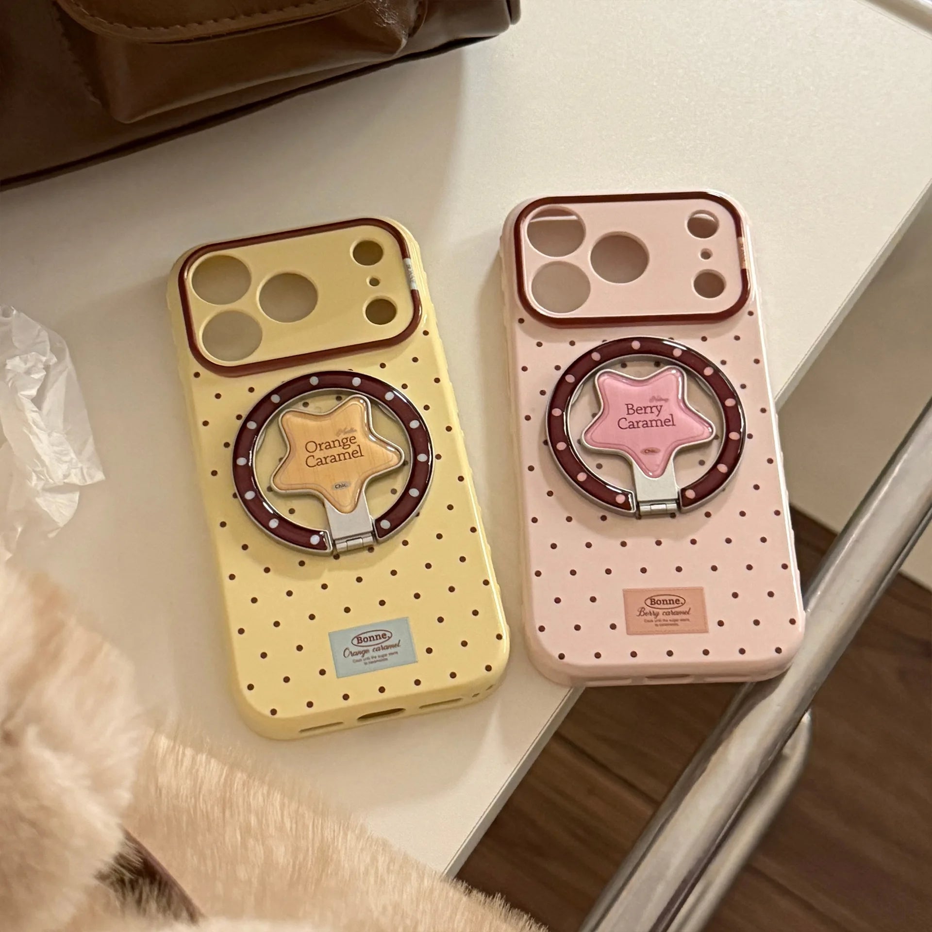 Korean Polka Dots Cartoon Bear Fold Stars Magnetic Bracket Phone Case For iPhone 17 16 15 14 13 12 Pro Max Shockproof Soft Cover