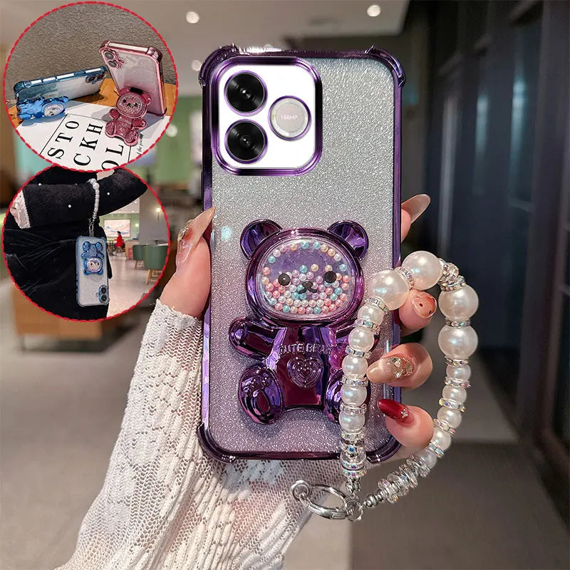Cute Bear Cartoon Holder Pearl Lanyard Strap Shockproof Glitter Phone Case For Huawei Honor 600 Lite 600e 600lite 5G Back Cover