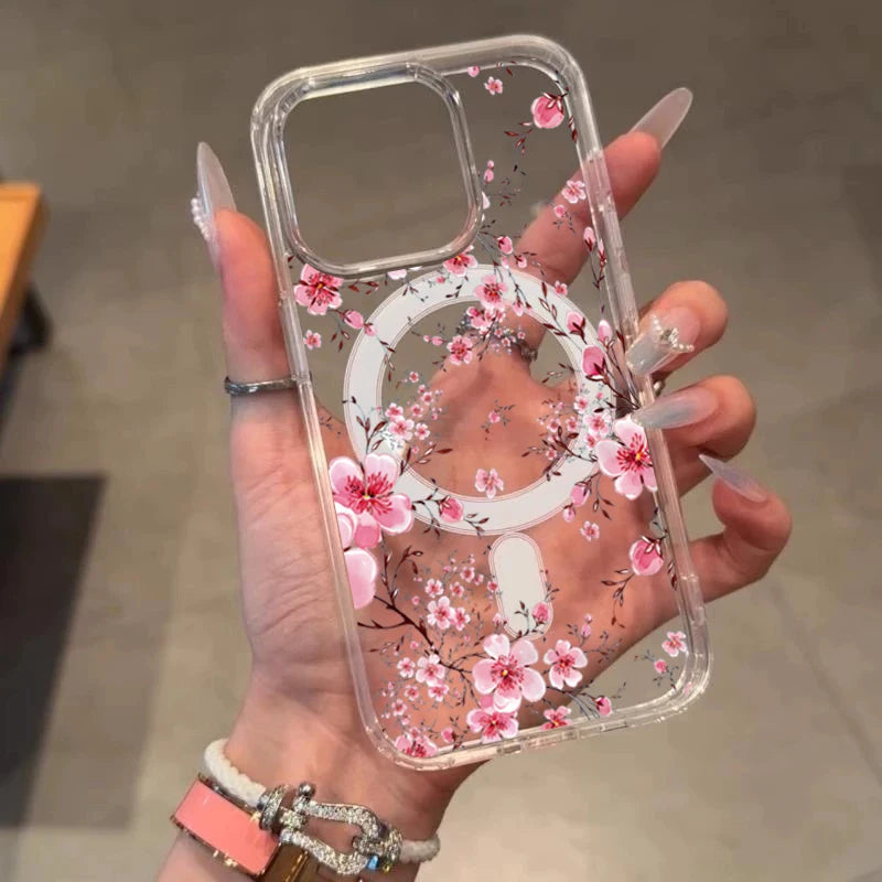 Flower Peach Blossom Phone Case For iPhone 15 14 17 13 12 11 16 Pro Max For Magsafe Shockproof Transparent Silicone Soft Funda