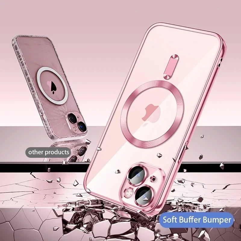 Clear Plating Ultrathin Silicone Case For iPhone 17 Air 16 15 14 13 12 11 Pro Max Magsafe Magnetic Lens Film Protect Cover Pink