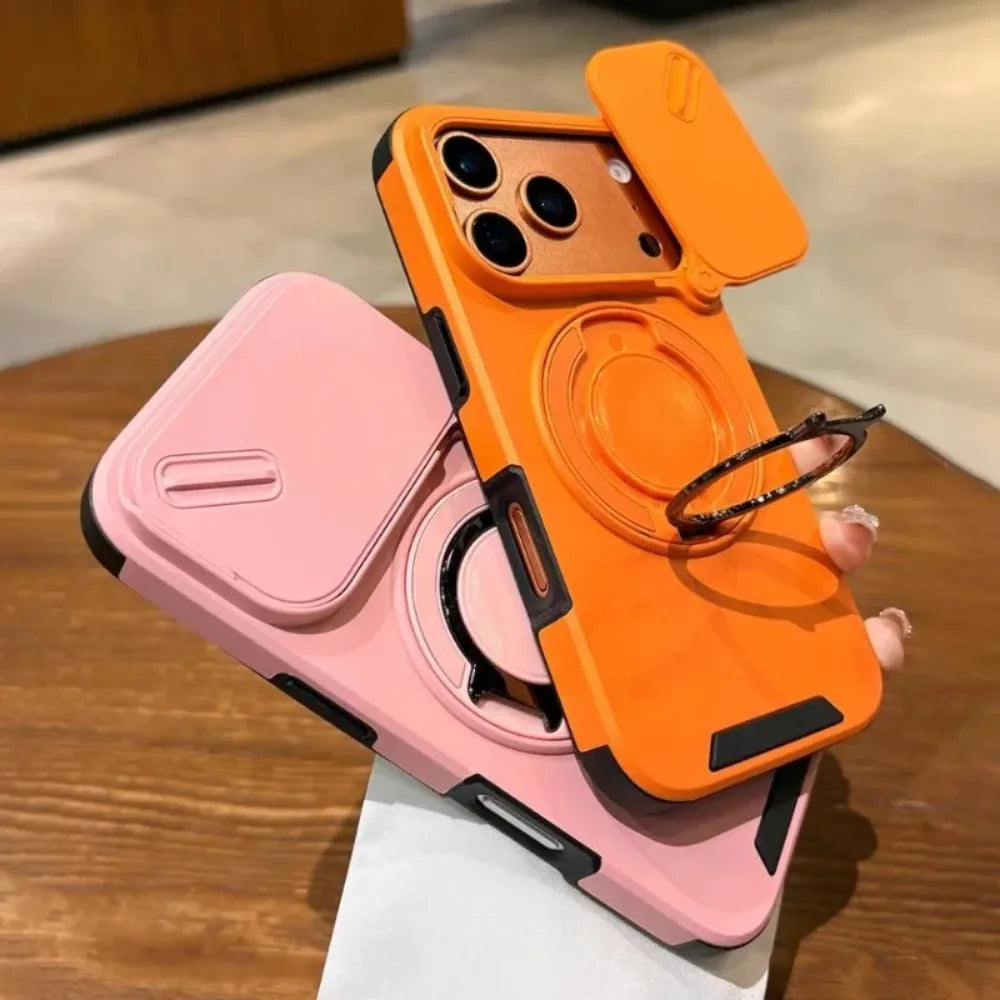 Sliding Camera Protection Magnetic Ring Holder Phone Case For iPhone 17 Pro 15 16 14 13 12 11 Pro Max Armor Shockproof Cover