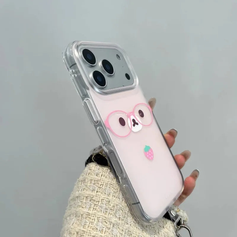 Cute Pink Strawberry Glasses Bear Phone Case For iPhone 11 12 13 14 15 16 17 Pro Max 16e 17 Air X XR XS 7 8 Plus Soft Back Cover